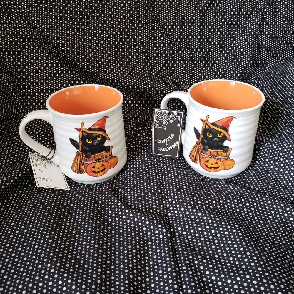 Cobwebs And Cauldrons Halloween Black Cat Witch Mugs Set Of 2 NWT